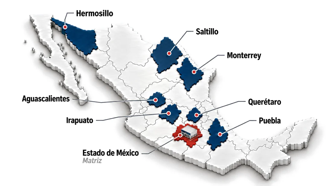 Cobertura NAT MAC: matriz en Estado de México y presencia en Irapuato, Saltillo, Puebla, Aguascalientes, Querétaro, Monterrey y Hermosillo