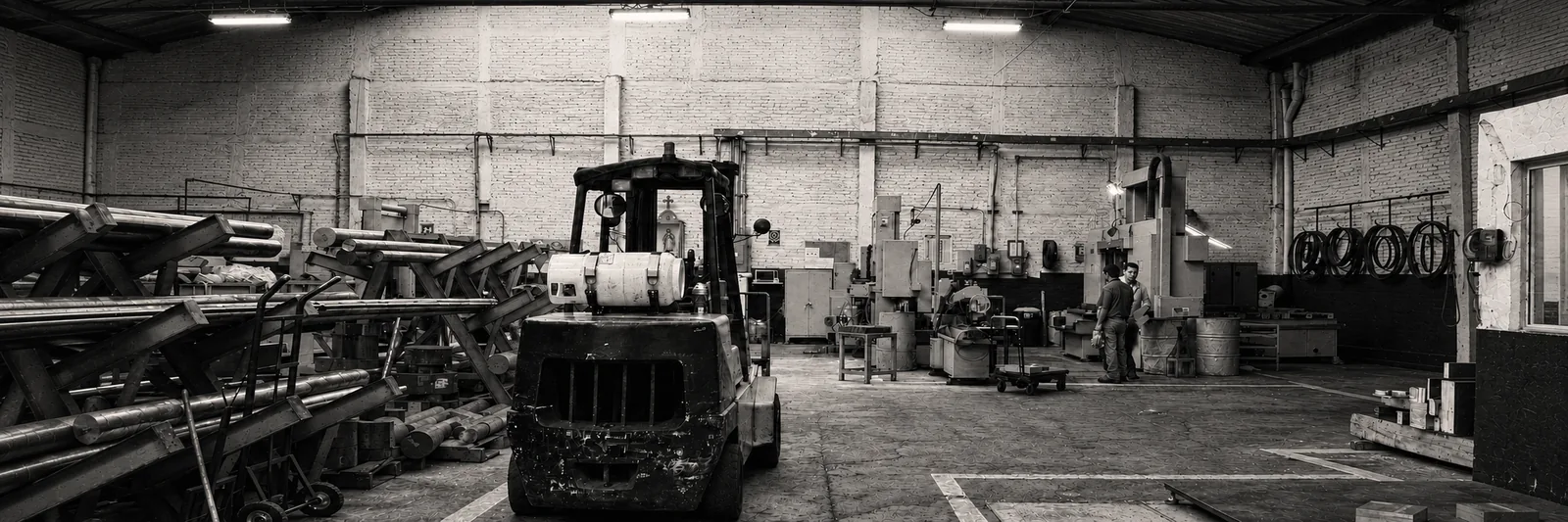 NAT MAC shop in its early years, with a forklift and steel bars