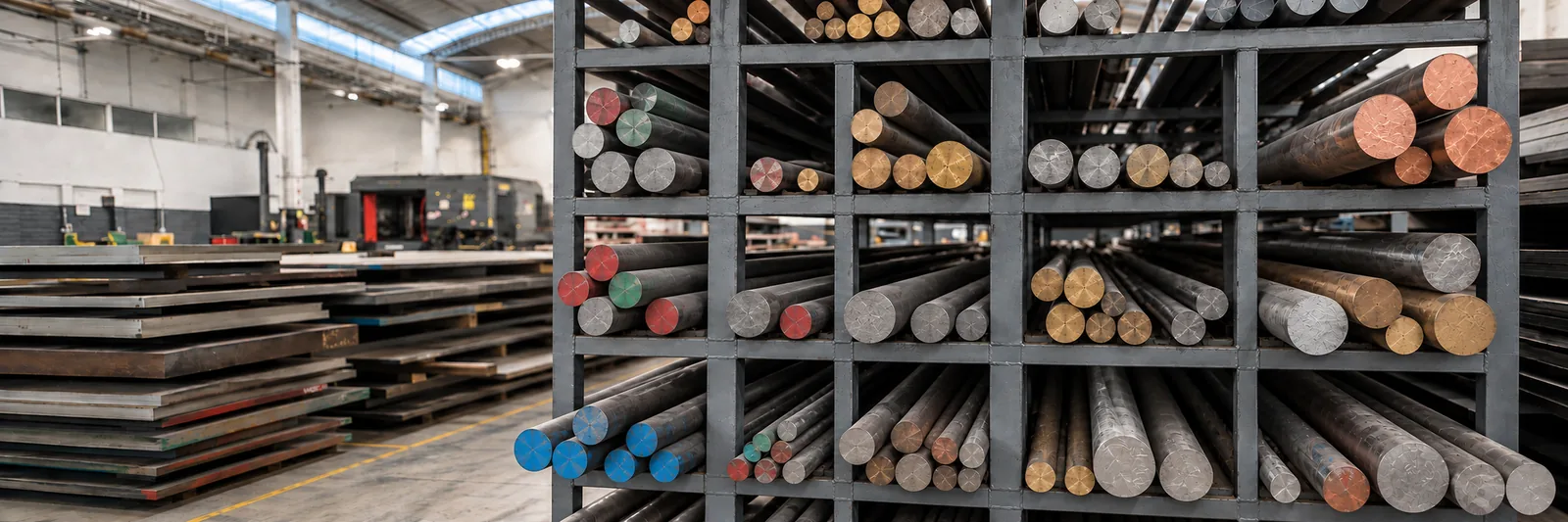 Racks of steel, bronze and copper round bars in the NAT MAC warehouse
